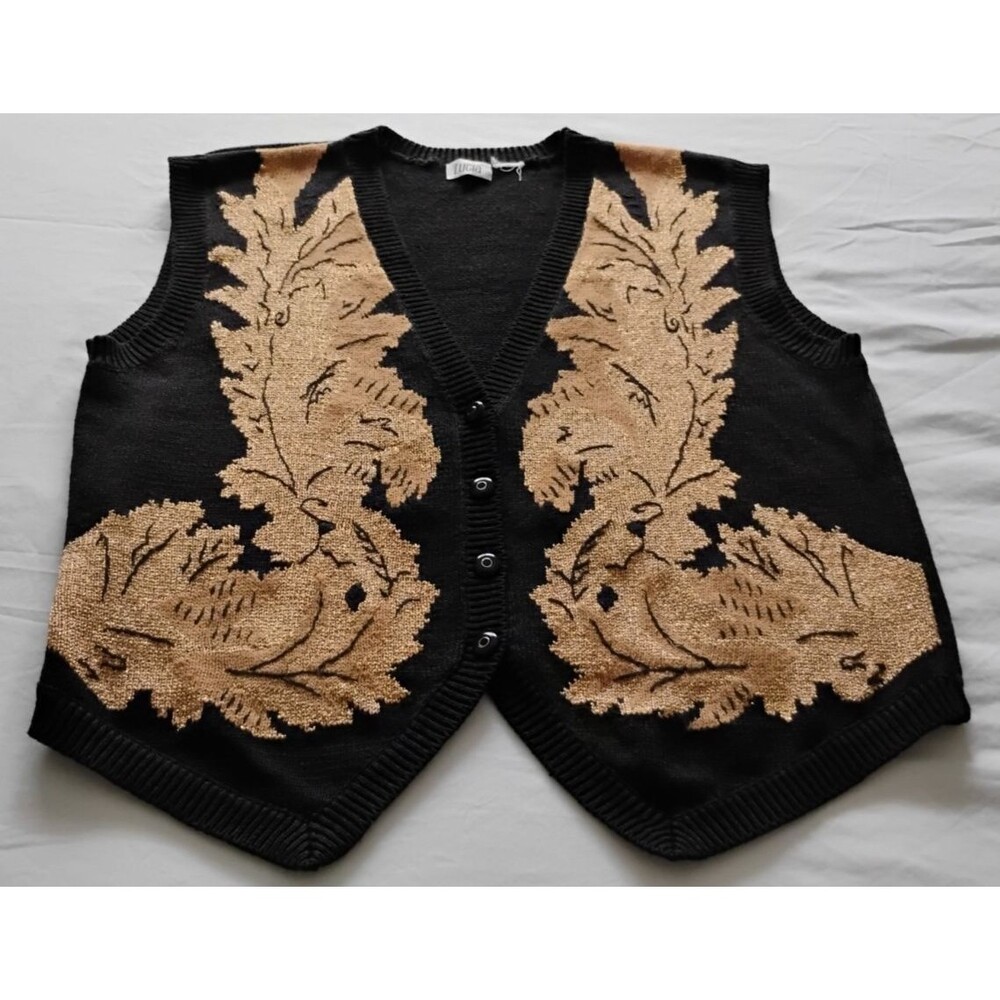Vtg 90's Lucia Sweater Vest Women's Embroidered Gold Black Holidays XL 1X